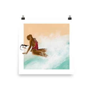 May include: A digital illustration of a person in a red swimsuit sitting on a surfboard in a wave. The person has dark skin and is looking up at the sky. The wave is white and foamy, and the background is a light orange.