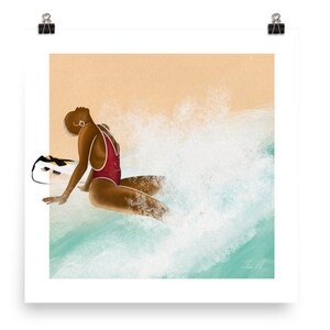 May include: A digital illustration of a person in a red swimsuit sitting on a surfboard in a wave. The person has brown skin and is looking up at the sky. The wave is white and foamy, and the background is a light orange.