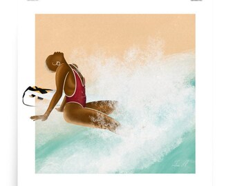 May include: A digital illustration of a person in a red swimsuit sitting on a surfboard in a wave. The person has brown skin and is looking up at the sky. The wave is white and foamy, and the background is a light orange.