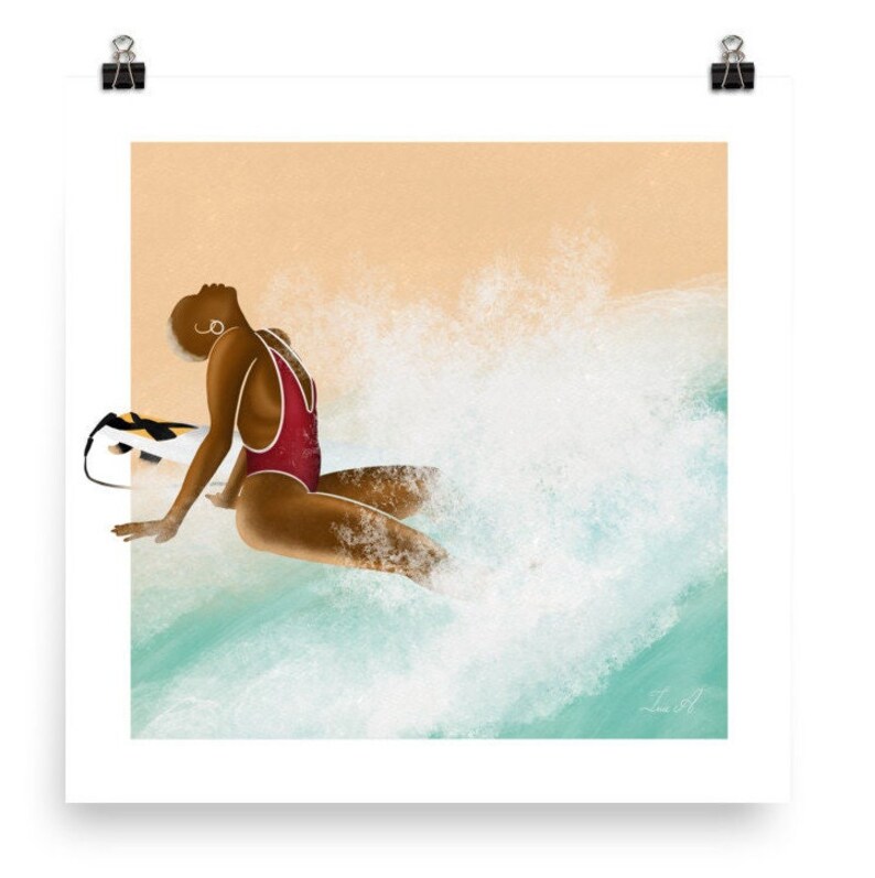 May include: A digital illustration of a person in a red swimsuit sitting on a surfboard in a wave. The person has brown skin and is looking up at the sky. The wave is white and foamy, and the background is a light orange.