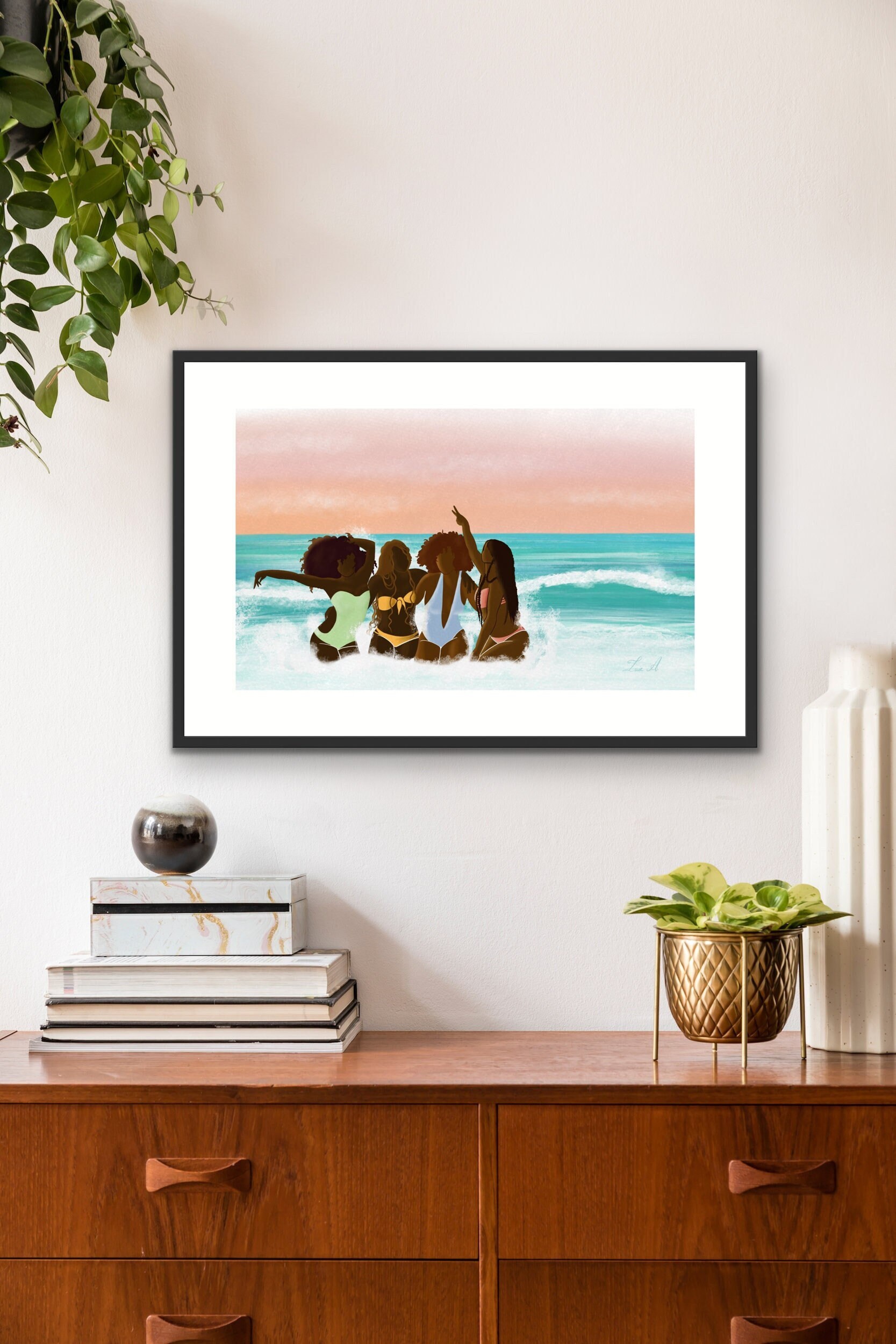 Girlfriends at the beach, Bestfriends at the beach, Tropical Art, Sisterhood art, Friendship art, Black Woman in Luxury, Housewarming gift