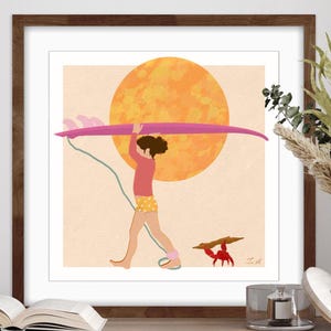 Girl Surfer Art Print - Coastal Wall Decor with Sunset | Inspiring Beach Poster for Kids Room, Nursery, or Beach House