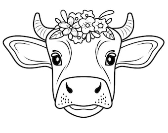 May include: A black and white line drawing of a cow's face with a flower crown on its head. The cow has large eyes and a friendly expression.