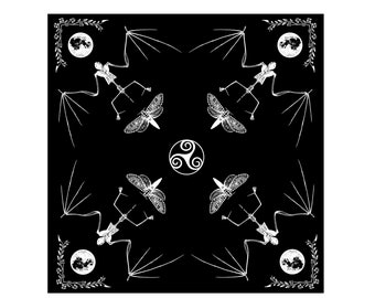 Nocturnal Creatures/ 21.5x21.5 Inch Bandana/ Hand Made Grimoria Bandana/Occult Clothing/ Large Black Bandana/ Hand Printed Item