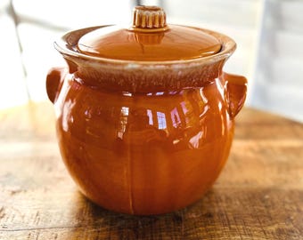 Vintage Oven Proof USA Tangerine Drip Glaze Bean Pot, Cookie Jar,  with Lid