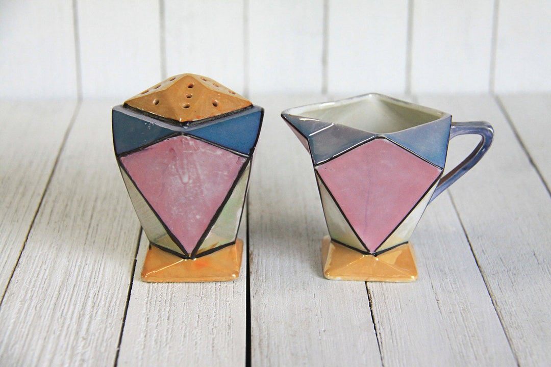 Vintage Art Deco Lustreware Muffineer Set, Shaker and Creamer, Powder Sugar, Nutmeg, Coffee Bar