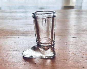 Vintage glass boot shot glass. Equestrian Wellington bar decor.