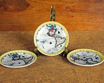 Vintage 1683 World Map Mini Porcelain Plates (Set of 3)
