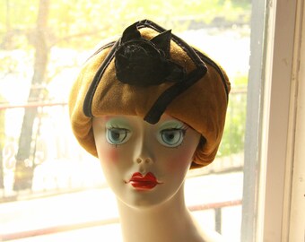Sheepskin Hat by Susan Bradford - Mustard Slouch, Sailor with Black Florette Decoration - Medium