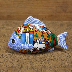 Vintage Mexican Folk Art Red Clay Fish, Hand Painted, Village Wedding Scene,