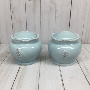 Vintage Pacific Rim Light Blue Majolica Salt and Pepper Shakers, Palm Size, French Decor, Fleur De Lis