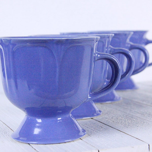 Gibson Everyday Cornflower Blue Coffee Tea Cups, Set of 4, Footed, Scalloped edges, Stoneware