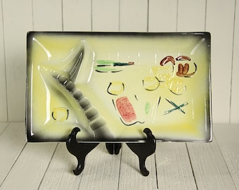 MCM Ashtray, Hand Painted, Embossed details, 10" Rectangle, Yellow and Black