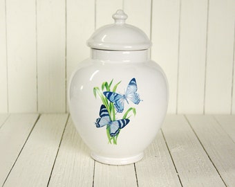 Blue Butterfly Jar with Lid: Vintage FTD Ginger Jar, Thailand