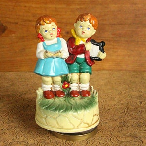 Vintage 1960's Chalkware Boy and Girl Singing, Rotating Musical Figurine, "Somewhere My Love" Song, Hand Painted, Original Sticker