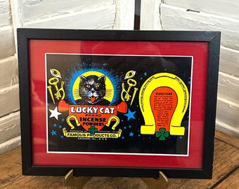 Original 1942 Vintage Lucky Cat Advertising Label, Incense Powders, Chicago, Black Frame, Red Mat