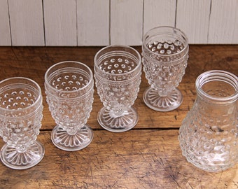 Hobnail Clear Glass Juice Set, 4 Glasses, 1 Carafe, Vintage, Pressed Glass