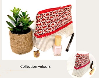 Grande trousse de toilette/maquillage, trousse velours et pompons