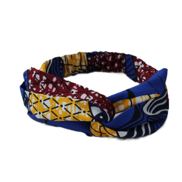 Bandeau wax, headband tissu africain bleu, bandeau noué avec élastique