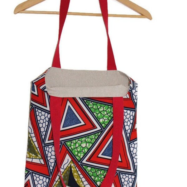 Tote bag wax rouge doublé, sac de courses style africain, avec anses, tissu wax géométrique