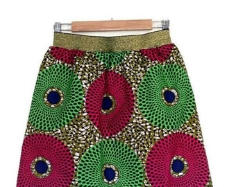 T 38/40 gold elastic waist wax skirt, African style skirt, wax mini skirt