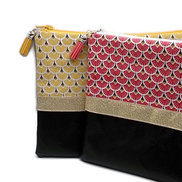 Pochettes de rangement, trousse à maquillage simili cuir recyclé  et tissu motifs éventails japonais