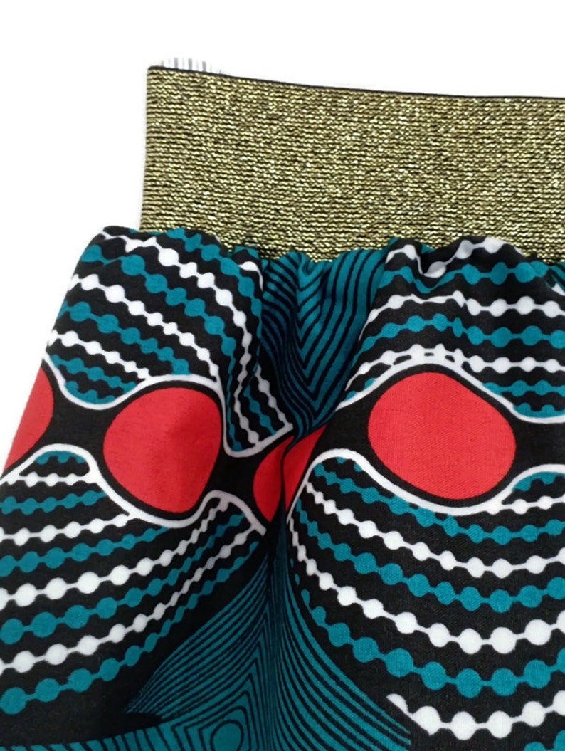 SUR MESURE, Jupe wax turquoise, mini jupe style africain, taille élastique doré image 2