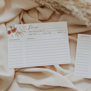 Boho burnt orange recipe cards, pampas grass dried palm orange floral recipe card template, terracotta, rust bridal shower recipe cards #135