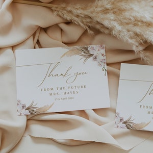 Pampas grass bridal shower thank you card template, tropical floral boho wedding thank you cards printable, orchid rose dried palm #091