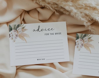 Pampas grass advice card template, tropical bohemian bridal shower advice cards, dried palm leaf advice for the bride, rose orchid  #108