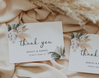 Pampas grass thank you card template, tropical boho wedding thank you cards, dried palm leaf thank you cards, desert rose orchid #108