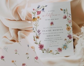 Little wildflower baby shower invitation template, bright floral baby shower invites, spring wildflowers herbarium meadow flower field #162