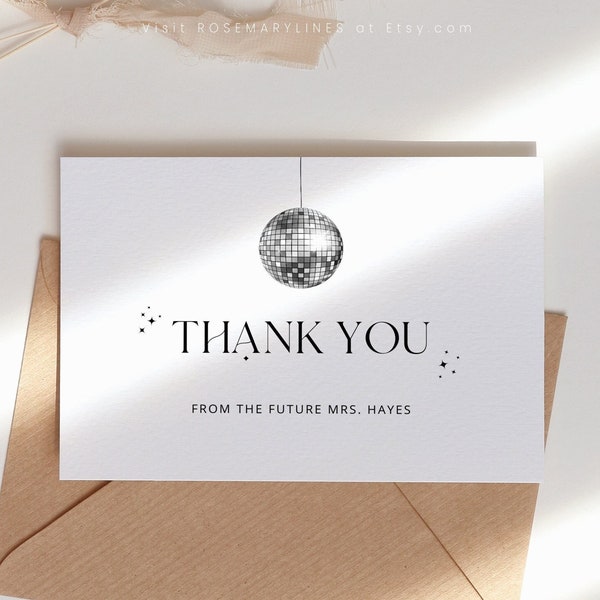 Disco thank you card template, retro bridal shower thank you card, 70s disco ball thank you cards, sparkle funky hippie insert card #201