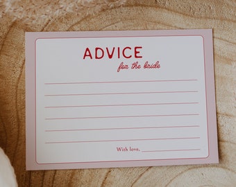 Pink and red advice card template, retro bridal shower advice cards, pink advice for the bride, modern bright red and blush #178