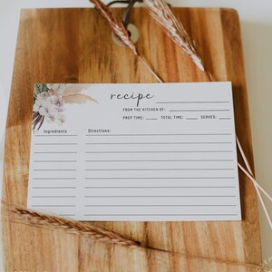 Tropical boho printable recipe cards, pampas grass recipe card template, dried palm leaf bridal shower recipe cards, rose orchid #108
