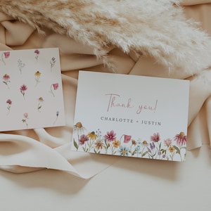 Wildflower wedding thank you card template, bright floral thank you cards, spring wildflowers thank you note cards, meadow flower field #162