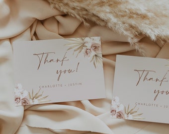 Dusty rose thank you card template, dusty blush pink boho wedding thank you cards, dried palm orchids muted floral neutral mauve beige #160