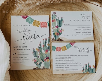 Fiesta wedding invitation template, Mexican wedding invitation set, cactus wedding invites, desert bright vibrant colorful floral #144