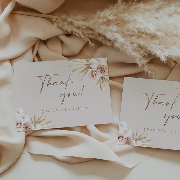 Dusty rose thank you card template, dusty blush pink boho wedding thank you cards, dried palm orchids muted floral neutral mauve beige #160