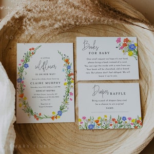 Wildflower baby shower invitation set template, botanical wildflowers, spring floral baby shower invites, field flowers meadow grass #190