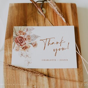 Terracotta rust wedding thank you card template, boho thank you cards, burnt orange dried palm pampas grass shower thank you cards #141-12