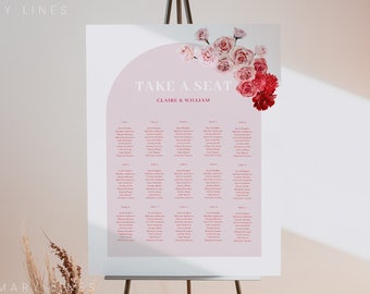 Red and pink floral wedding seating chart template, hot pink flowers seating chart, red pink rose ombre seating chart, neon fuchsia #171