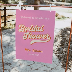 Retro bright pink bridal shower welcome sign, hot pink orange welcome sign template, 70&#39;s groovy bridal shower signs, disco terracotta #192
