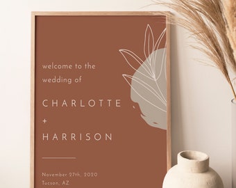 Terracotta wedding welcome sign template with minimal leaves, rust boho welcome sign wedding, burnt orange welcome poster, editable #111-19