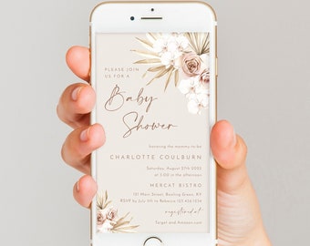 Dusty rose baby shower invites template for phone, blush floral boho electronic baby shower invitation, fall text invite, dried palm #160