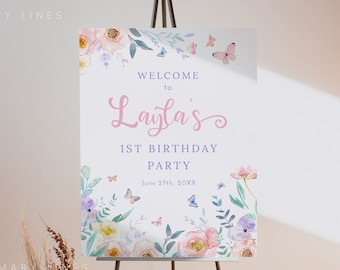 Butterfly Birthday Welcome Sign Template: Pastel Floral Garden (Editable Digital File) #207