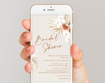 Electronic boho bridal shower invitation template, burnt orange rust bridal shower invites for phone, pampas grass palm digital invites #135