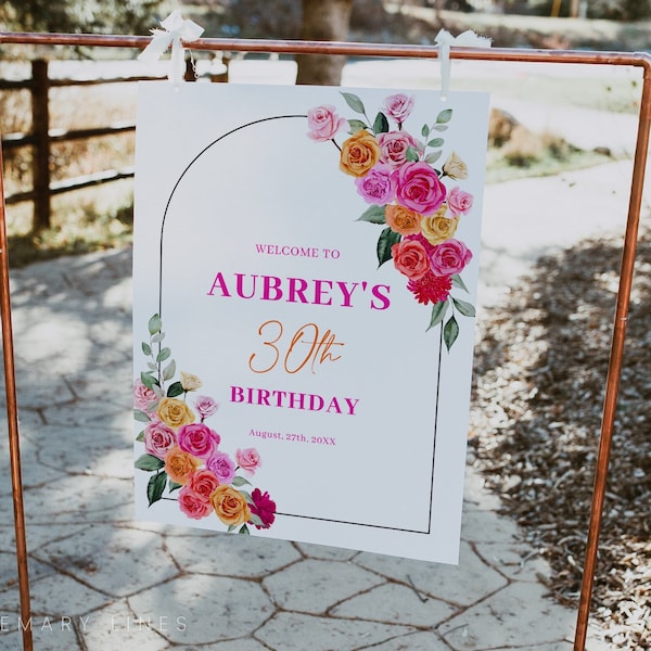 Pink orange birthday welcome sign template, hot pink floral birthday sign poster for women editable blush fuchsia magenta yellow summer #202