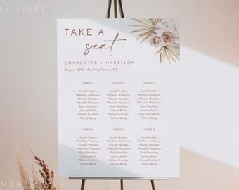 Light blush pink wedding seating chart template, dusty rose boho seating chart sign, dusty pink floral neutral dried palm orchid beige #160