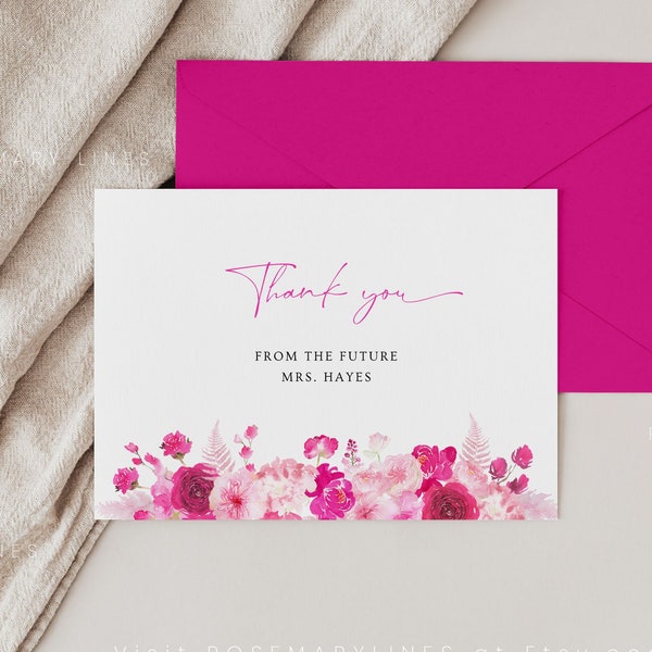 Hot pink bridal shower thank you card template, red and pink floral thank you cards, blush pink fuchsia magenta summer thank you note #212